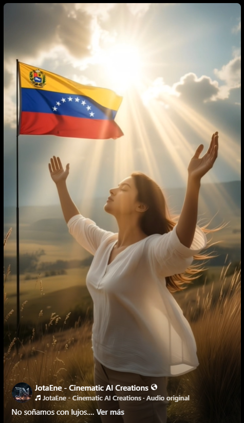 Imagen cinematográfica creada con inteligencia artificial que simboliza esperanza, libertad y sueños colectivos del pueblo venezolano, utilizada en el reel “Soñamos” de JotaEne.