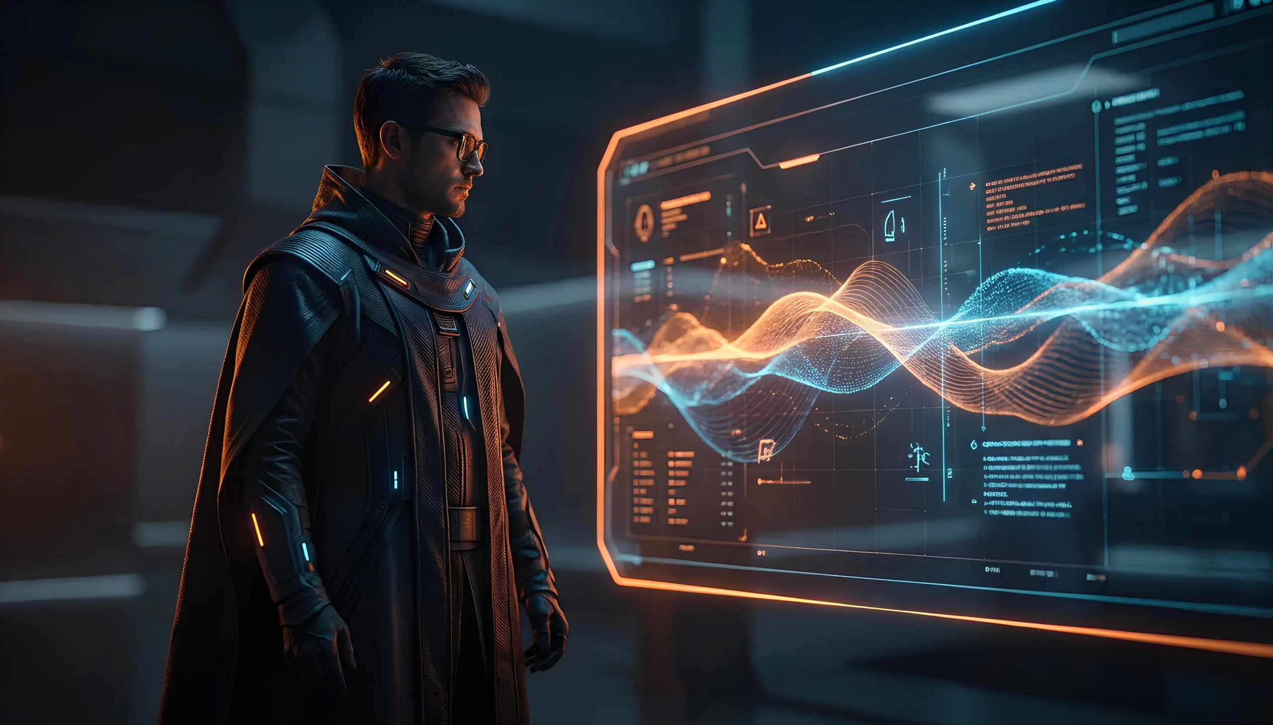 Personaje frente a panel futurista de datos y ondas de luz